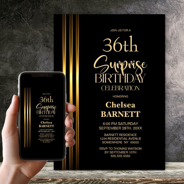 Invitation Gold Striped Black Any Age Surprise Birthday Party (Créateur téléchargé)