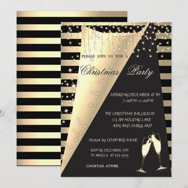 Invitation Gold Stripes, Étoiles Lumières Entreprise Noël (Devant / Derrière)
