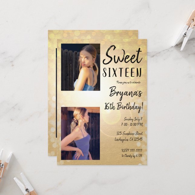 Invitation Gold Summer Lights Sweet 16 Anniversaire Photo (Devant/Arrière en situation)