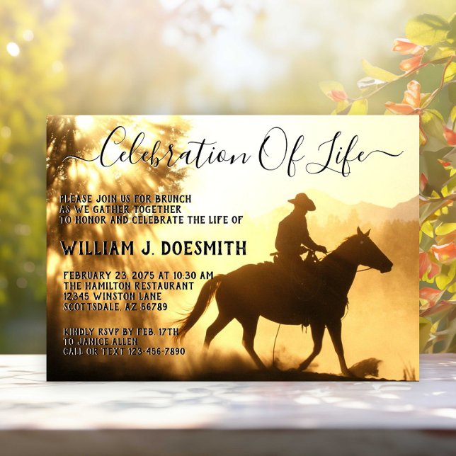 Invitation Gold Sunset Cowboy funérailles service commémorati (Cowboy funeral and memorial service announcement and invitation.)
