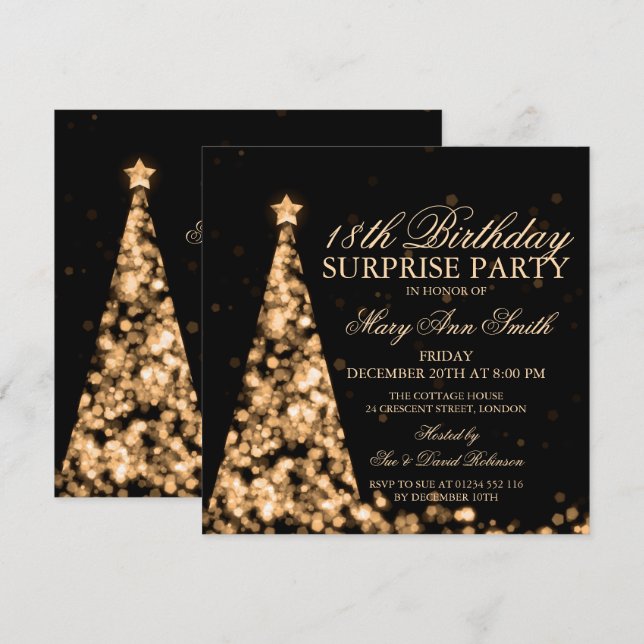 Invitation Gold Surprise 18e anniversaire lumières de Noël (Devant / Derrière)