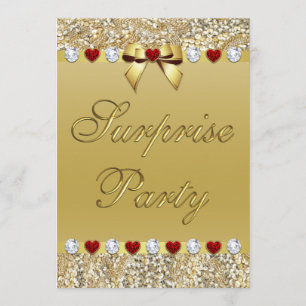 Invitation Gold Surprise Party Faux Sequins Hearts Bow