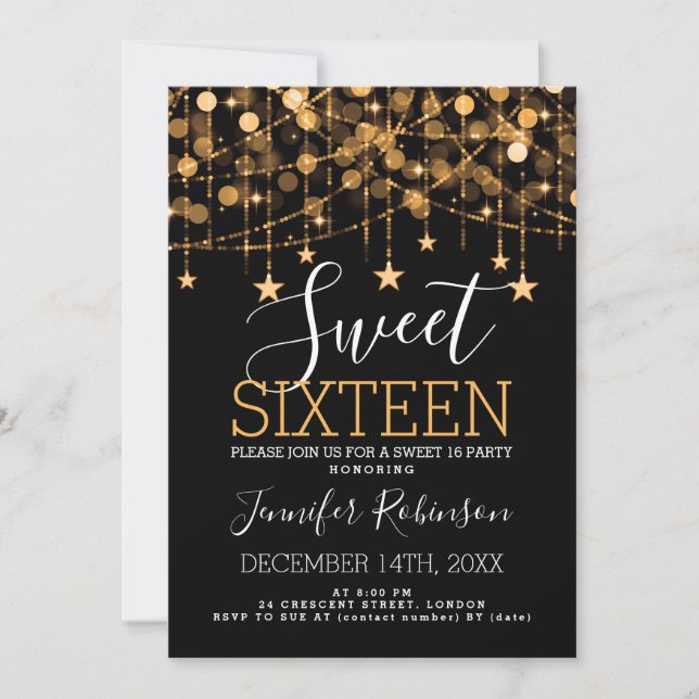 Invitation Gold Sweet 16 lumières à cordes étincelantes (Devant)