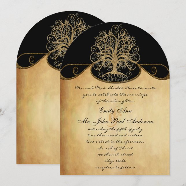 Invitation Gold Swirl Tree Gold & Black Metallic Mariage (Devant / Derrière)
