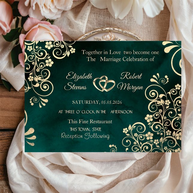 Invitation Gold Swirls Emerald Green Wedding  (Créateur téléchargé)