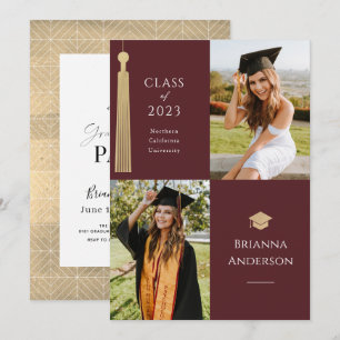 Invitation Gold Tassel & Casquette 2 Photo Burgundy Graduatio