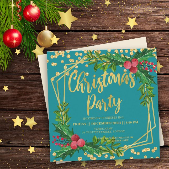 Invitation Gold Teal Floral Holly Glitter (Créateur téléchargé)