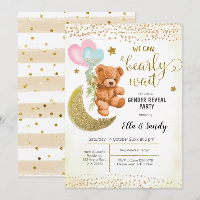 Invitation Gold Teddy Bear Balloon de sexe Revevela Party (Devant / Derrière)