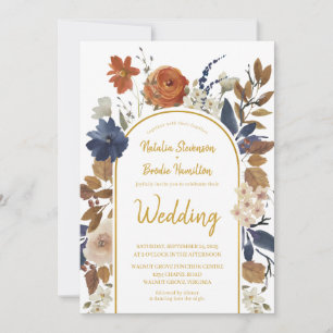 Invitation Gold Terracotta Blue Floral Boho Mariage
