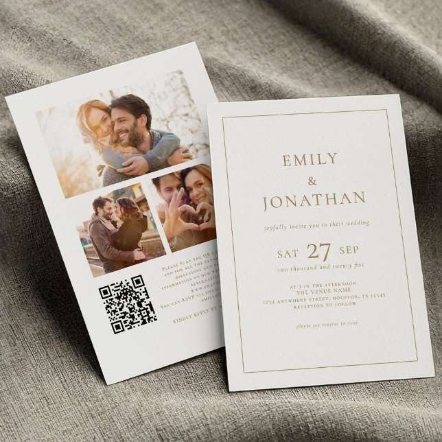 Invitation Gold Text 3 Photos Ligne Bordure QR Code Mariage (front and back view)