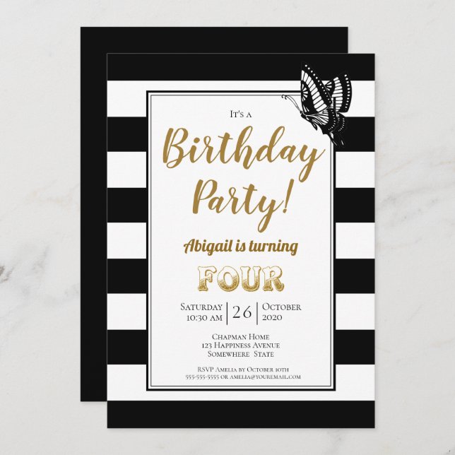 Invitation Gold Text Bande noire et blanche 4e anniversaire (Devant / Derrière)