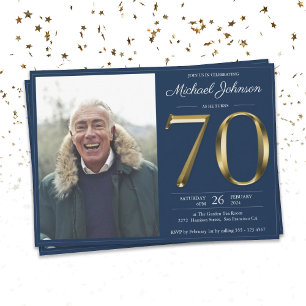 Invitation Gold Text Navy Blue Classy Photo 70e anniversaire