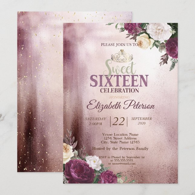 Invitation Gold Tiara, Confetti Burgundy Sweet 16 Party (Devant / Derrière)