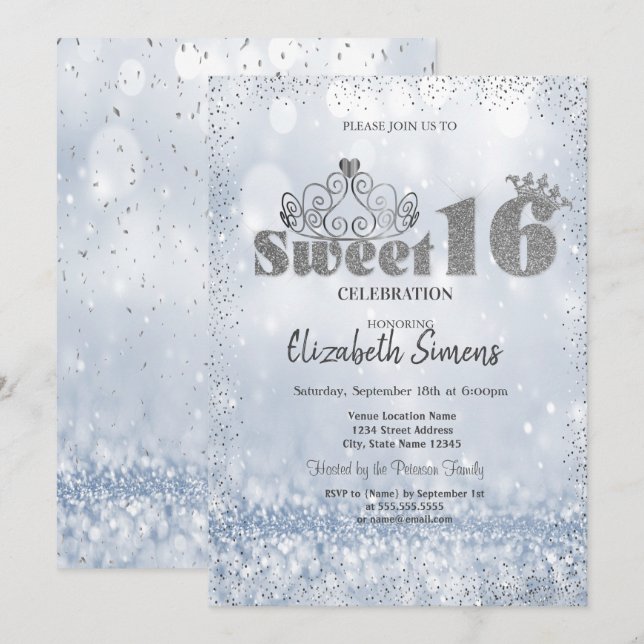 Invitation Gold Tiara Confetti Princess Bokeh Sweet 16 (Devant / Derrière)