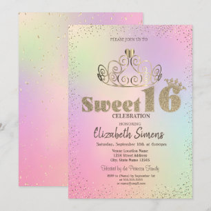 Invitation Gold Tiara Confetti Princesse Holographique Sweet