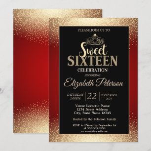 Invitation Gold Tiara Confetti, Red Sweet 16 Party
