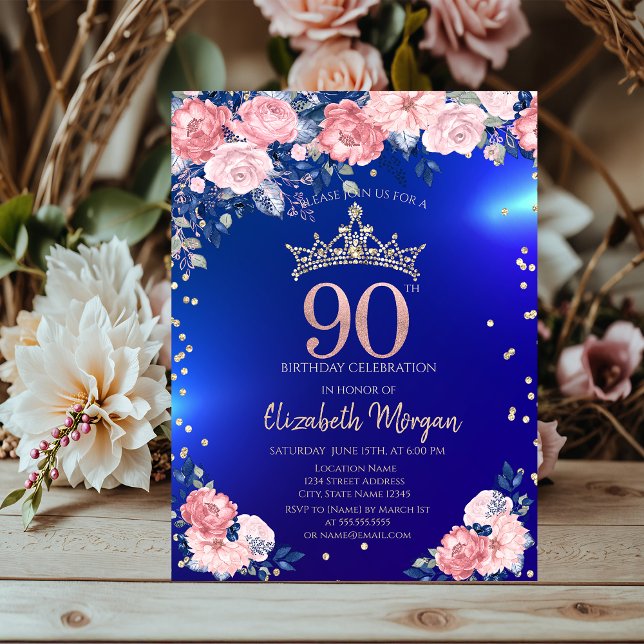 Invitation Gold Tiara Diamonds Fleurs Bleu 90e anniversaire (Créateur téléchargé)