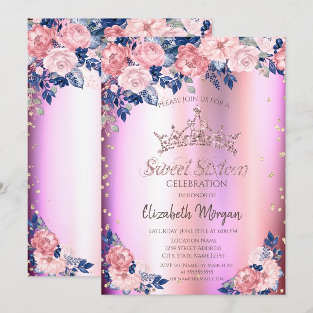 Invitation Gold Tiara Diamonds Rose bleu rose doux 16 (Devant / Derrière)