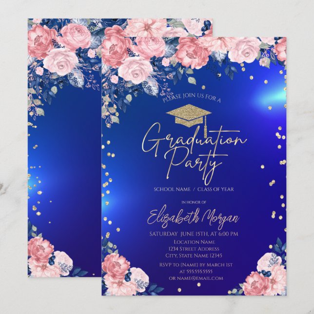 Invitation Gold Tiara Diamonds Rose Blue Graduation Party (Devant / Derrière)