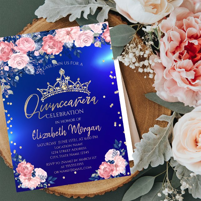 Invitation Gold Tiara Diamonds Roses Blue Quinceañera (Créateur téléchargé)