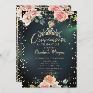 Invitation Gold Tiara Diamonds Roses Green Quinceañera