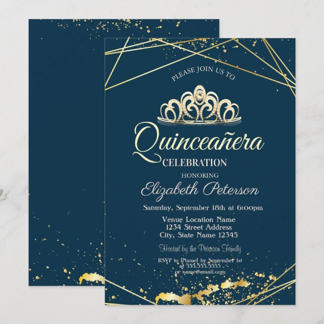 Invitation Gold Tiara, Navy Blue Quinceañera (Devant / Derrière)
