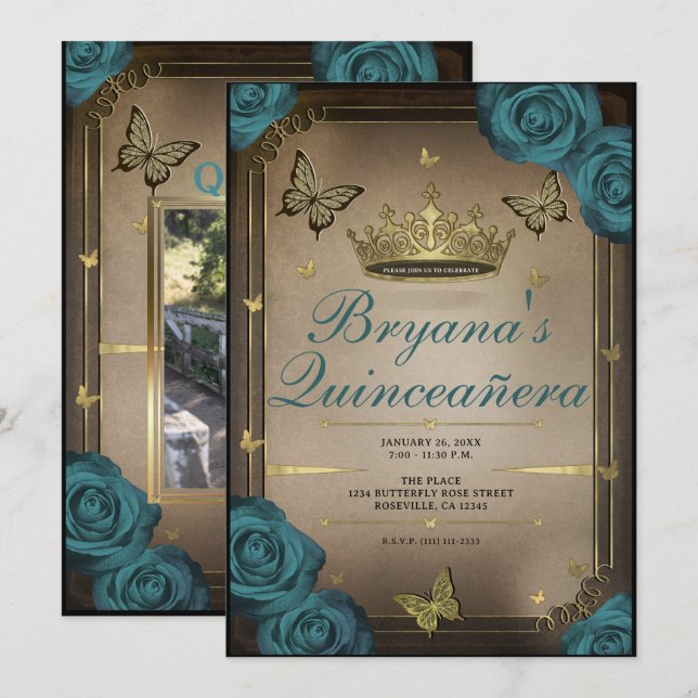 Invitation Gold Tiara Papillons Roses Turquoises Quinceañera (Devant / Derrière)