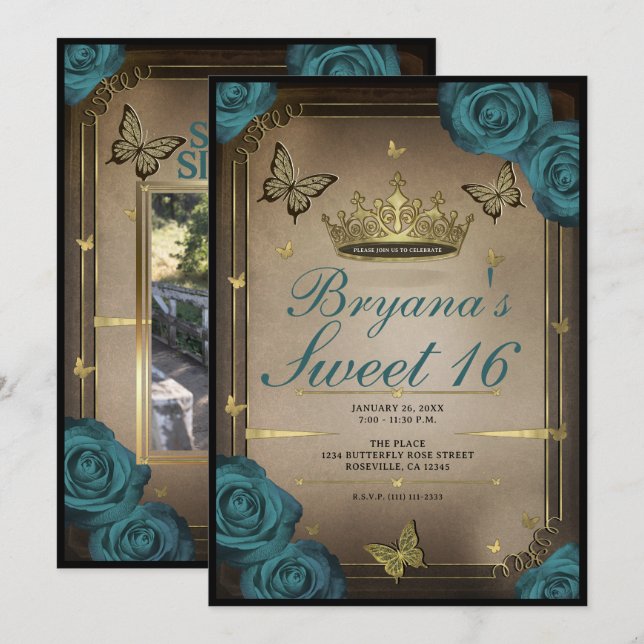 Invitation Gold Tiara Papillons Turquoises Roses Sweet 16 (Devant / Derrière)