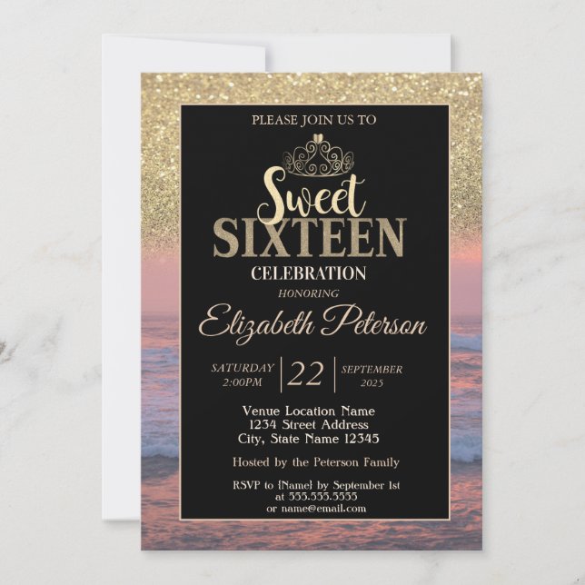 Invitation Gold Tiara Parties scintillant Bokeh Beach Sunset  (Devant)