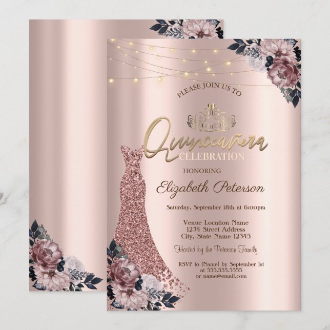 Invitation Gold Tiara,String Lights Floral Dress  (Devant / Derrière)