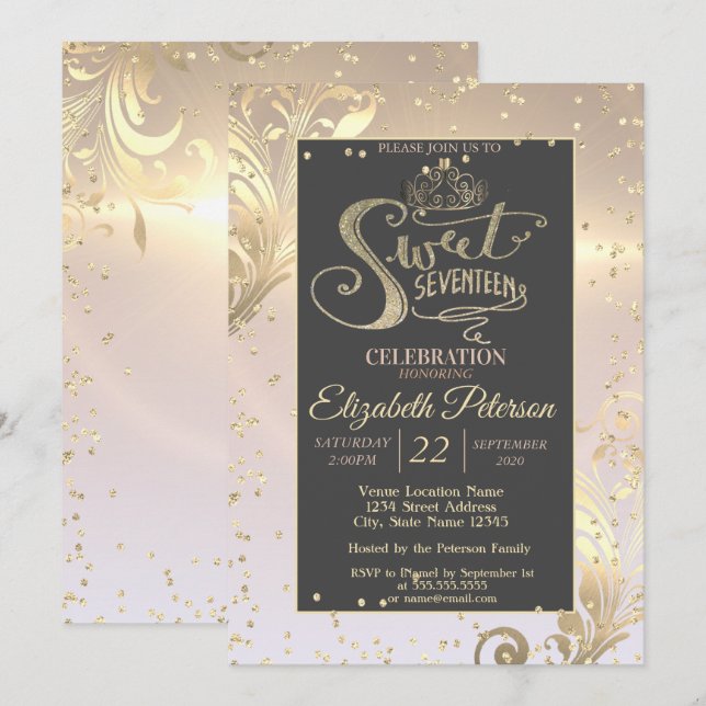 Invitation Gold Tiara Sweet Diamonds 17 Anniversaire (Devant / Derrière)