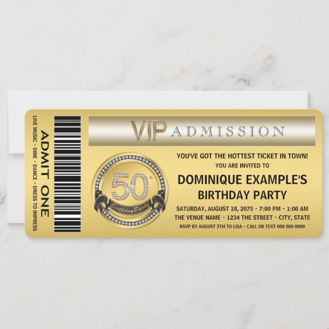 Invitation Gold Ticket 50th Birthday Party (Devant)