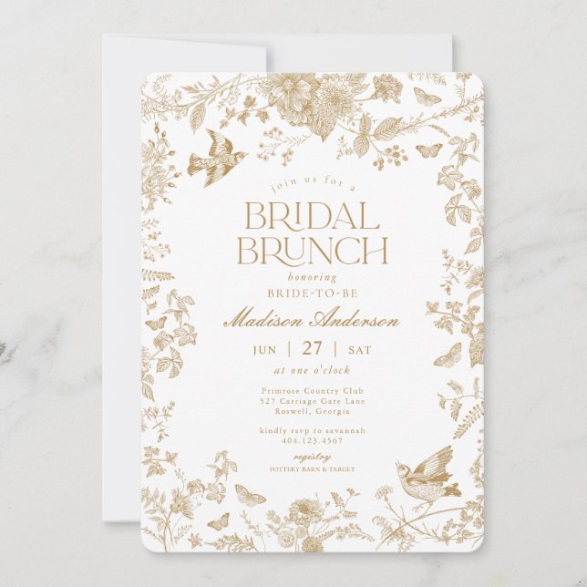 Invitation Gold Toile De Jouy French Floral Bridal Brunch (Devant)