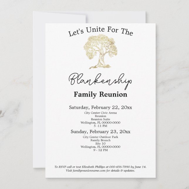 Invitation Gold Tree Artwork Famille Réunion Modèle de 2 jour (Devant)