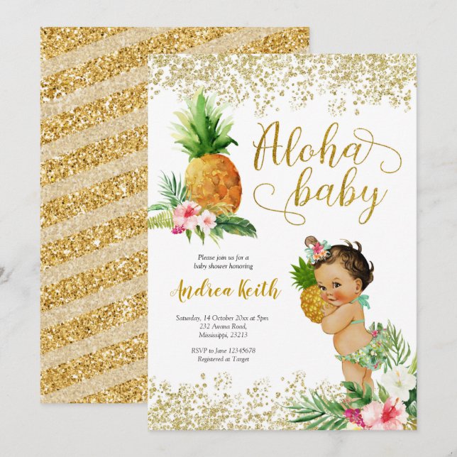 Invitation Gold Tropical Ananas Girl Baby shower Invitatiatia (Devant / Derrière)