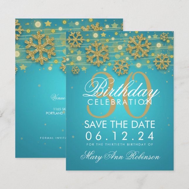 Invitation Gold Turquoise 30e anniversaire Date de sauvegarde (Devant / Derrière)