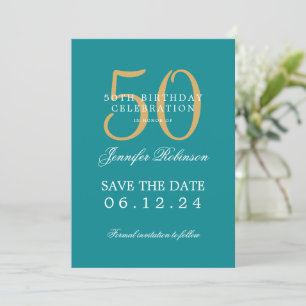 Invitation Gold Turquoise 50th Birthday Enregistrer la date D