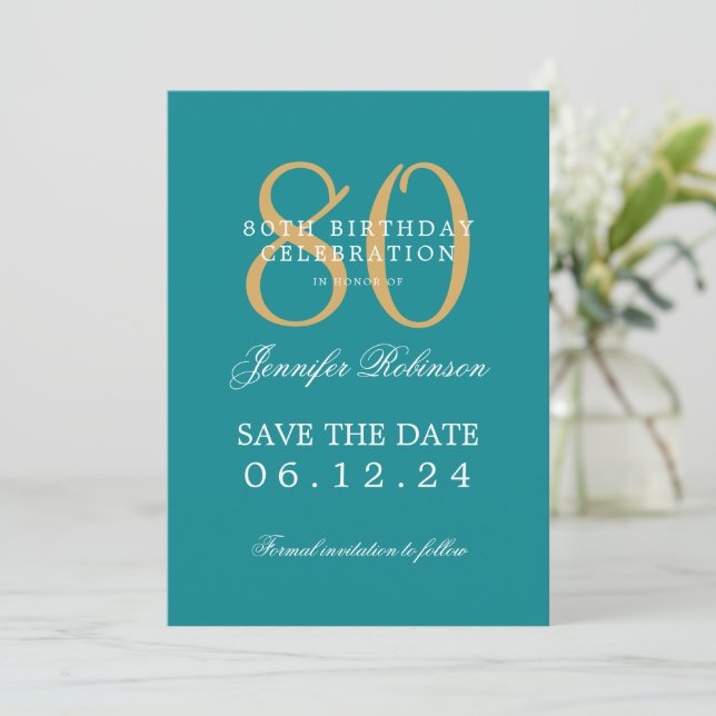 Invitation Gold Turquoise 80th Birthday Enregistrer la date D (Debout devant)