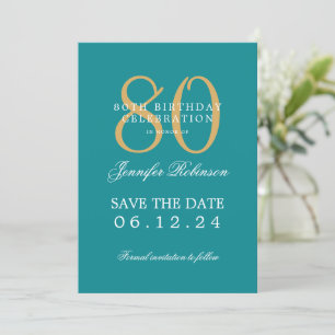 Invitation Gold Turquoise 80th Birthday Enregistrer la date D