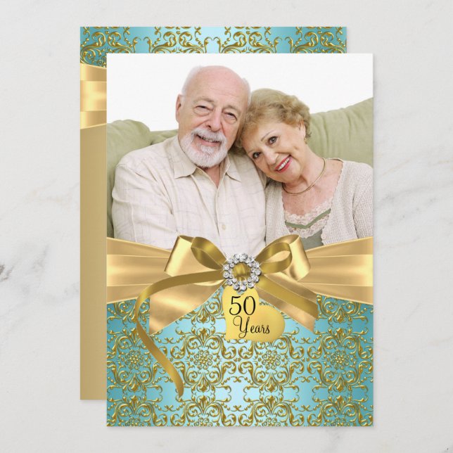 Invitation Gold Turquoise Damask & Bow Photo 50e anniversaire (Devant / Derrière)