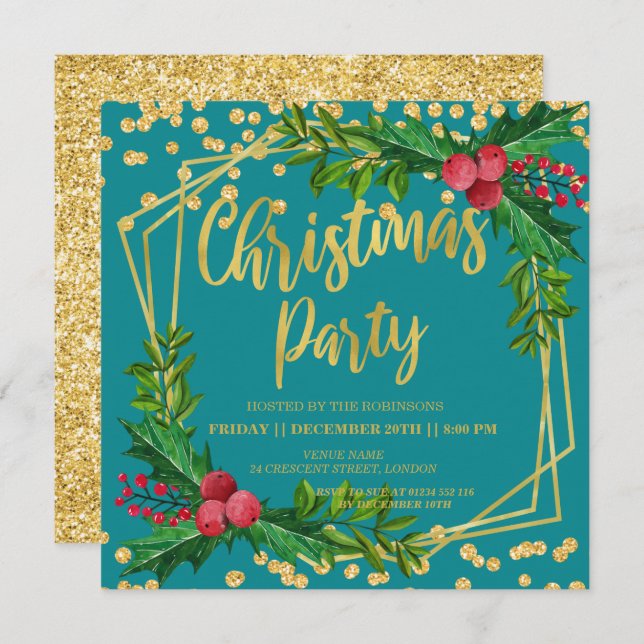 Invitation Gold Turquoise Holly Parties scintillant Christmas (Devant / Derrière)