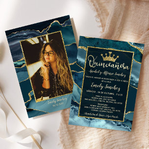 Invitation Gold Turquoise Mint Agate Quinceanera Photo Espagn