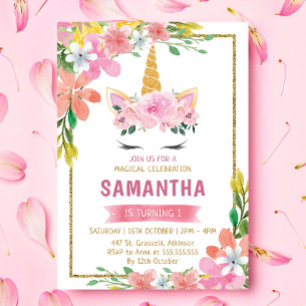 Invitation Gold Turquoise rose floral Fame Unicorn Anniversai