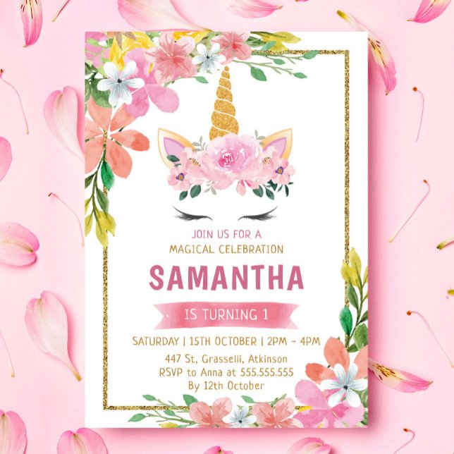 Invitation Gold Turquoise rose floral Fame Unicorn Anniversai (Créateur téléchargé)