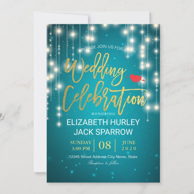 Invitation Gold & Turquoise String Lights Mariage Celebration (Devant)