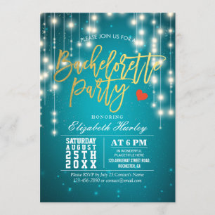 Invitation Gold Turquoise String Lumières Bachelorette Party