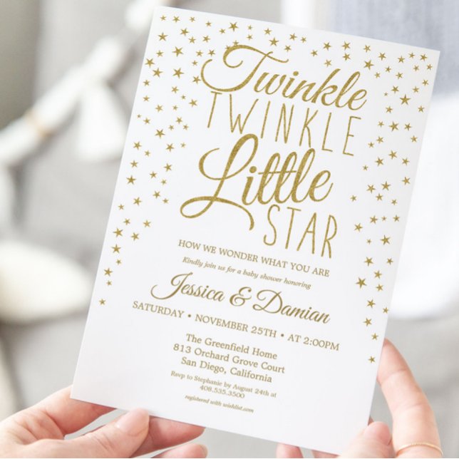 Invitation Gold Twinkle Little Star Baby shower de révélation (Créateur téléchargé)