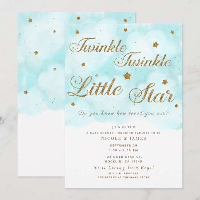 Invitation Gold Twinkle Stars & Blue Sky Clouds Baby shower (Devant / Derrière)