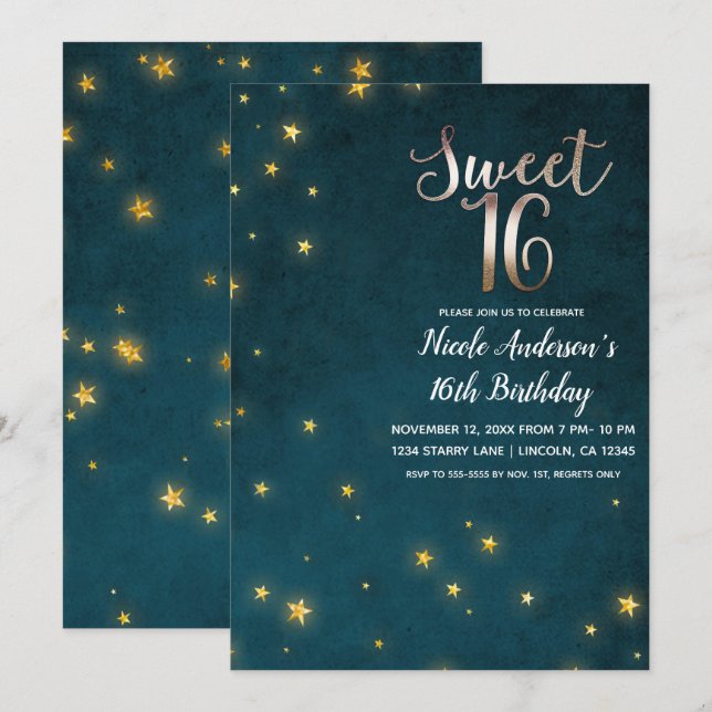 Invitation Gold Twinkle Stars Celestial Sky Sweet 16 Party (Devant / Derrière)