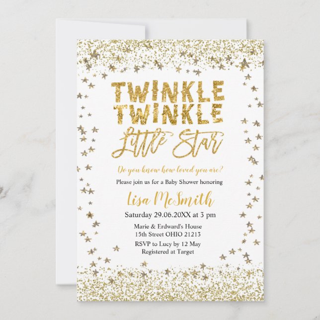 Invitation Gold Twinkle Twinkle Little Star Baby shower (Devant)